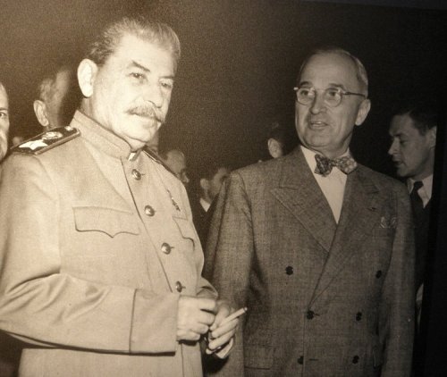 Harry Truman and Joe Stalin fought on the same side in WWII.  But both had to readjust their thinking rapidly, think on their feet as shown here, because five years later they were on opposite sides.